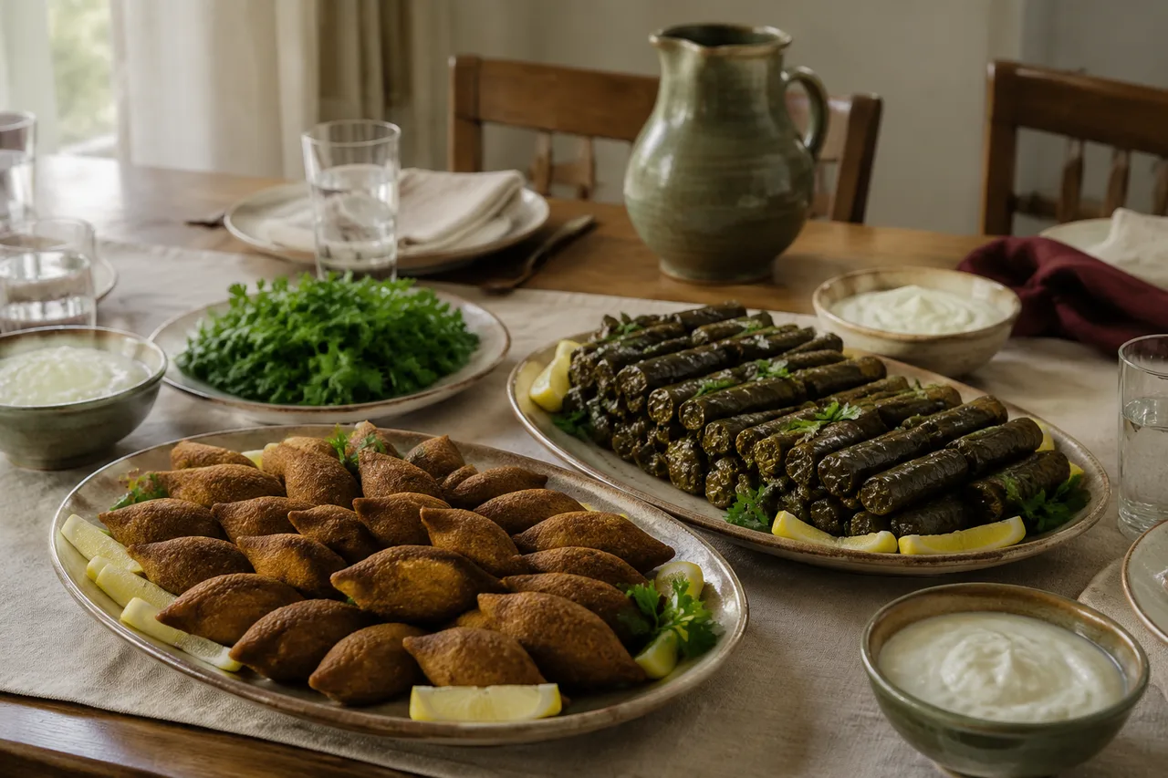 Büyük servis tabaklarında toplu sipariş için hazırlanmış içli köfte ve yaprak sarma